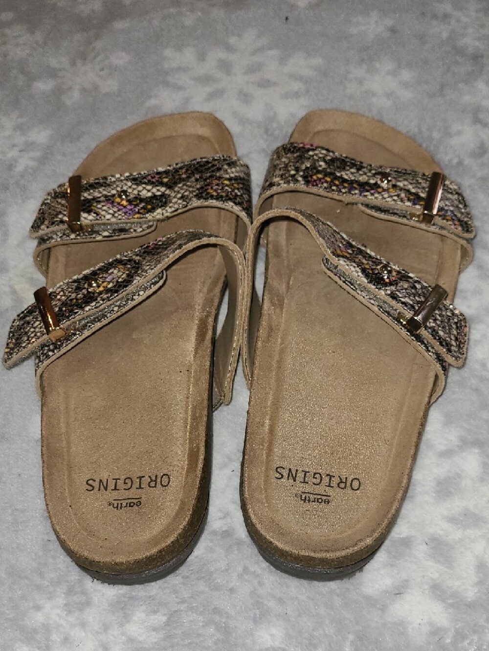 Earth Origins Beige Tan Suede Slide Sandals with Metallic Snake-Print Straps